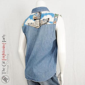 Camicia senza maniche Levis Vintage, taglia 12 (XL), Southwestern Eagle, Painted Denim, giacche da camionista, Levi Strauss, giacche di jeans, gilet Shackets