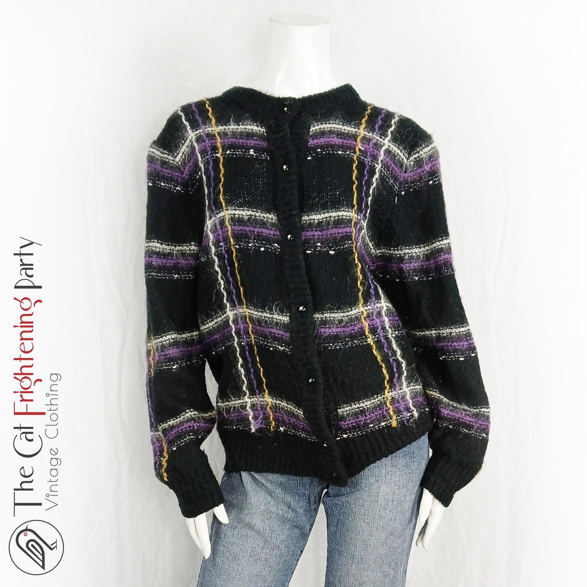 Vintage Black Warm Mohair Cardigan / 80s Women Black Long