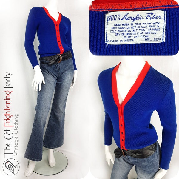 Vintage 1970s Cardigan Size 8-10 Blue & Red Ribbed Knit Preppy College 70s Cardi