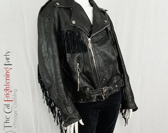 Vintage Black Leather Jacket w/ Fringing, Size 12-14, Genuine Leathers, Motorcycle Jackets, Biker Leathers, Rock Chick, Fringed Jacket