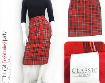 Vintage 90s Red Tartan Pencil Skirt Size 14 Midi Check Rockabilly Pin-up Vamp