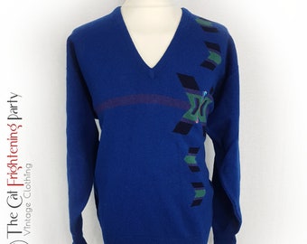 Pringle Jumper, 90s Sweater, Size L/46/48", Nick Faldo, Vintage Sweater, Golfing Knitwear, Geometric Patterned, V Neck, Wool, Scotland