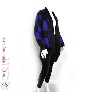 Vintage 1980s/1990s Cardigan, Size 14, Purple/Black Chequered, Fluffy Knit, Long Cardigan Jacket, 80s/90s Sweater, Fluffy Mohair,