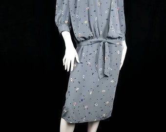 Vintage 80s Maggy Boutique Dress Size 12 Grey/Multicolour Paisley Drop Tie Waist