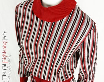 Vintage 1970s/1980s Dress, Size 10, Jersey Knit, Red & Grey Striped, Roll Neck, 70s/80s Dresses, Sophie Garas Dress, Vintage 80s Fashion