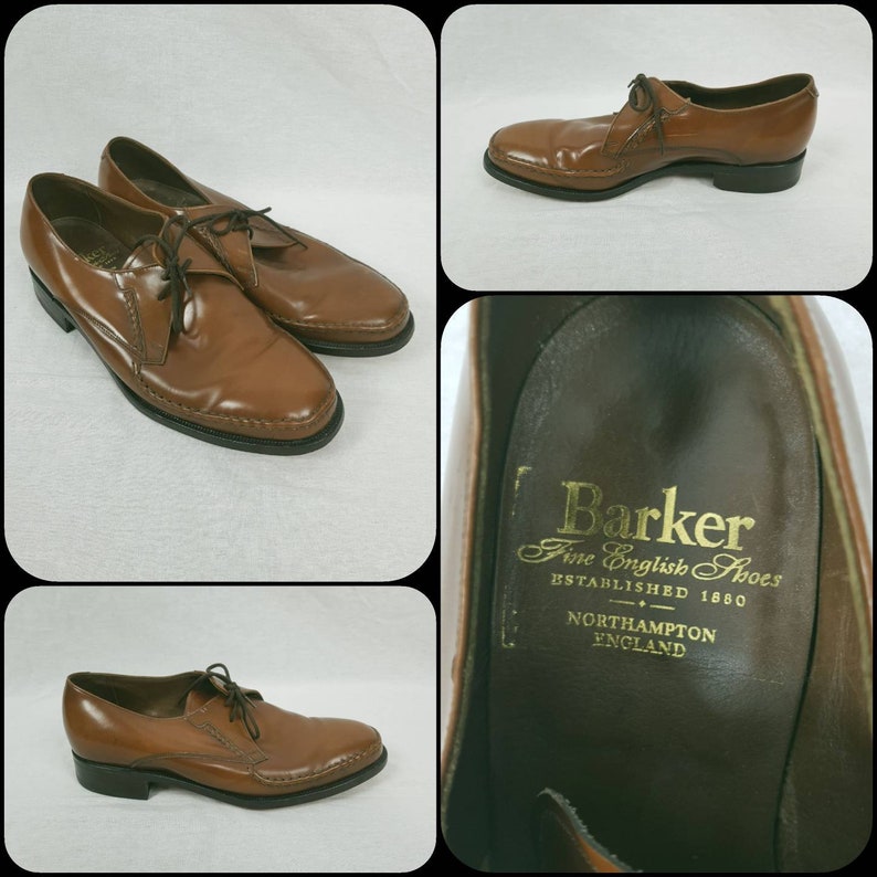 May include: Brown leather lace-up shoes with a stitched design around the edge. The shoes have a black sole and are labeled "Barker Fine English Shoes Established 1880 Northampton England."