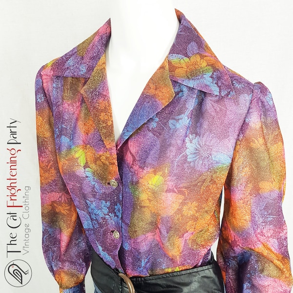 Vintage 70s Shirt, Size 10/12, Dagger Collar Blouse, 1970s Shirt, Lurex Glitter, 70s Sparkly Top, Disco, Glam Rock, Psychedelic