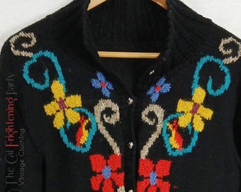 Vintage 1980s Cardigan, Size 10/12, Handmade Cardi, Floral Design, Hand Knitted Multicolour 80s, Crazy Knit Jumpers, Vtg Colourful Sweater,