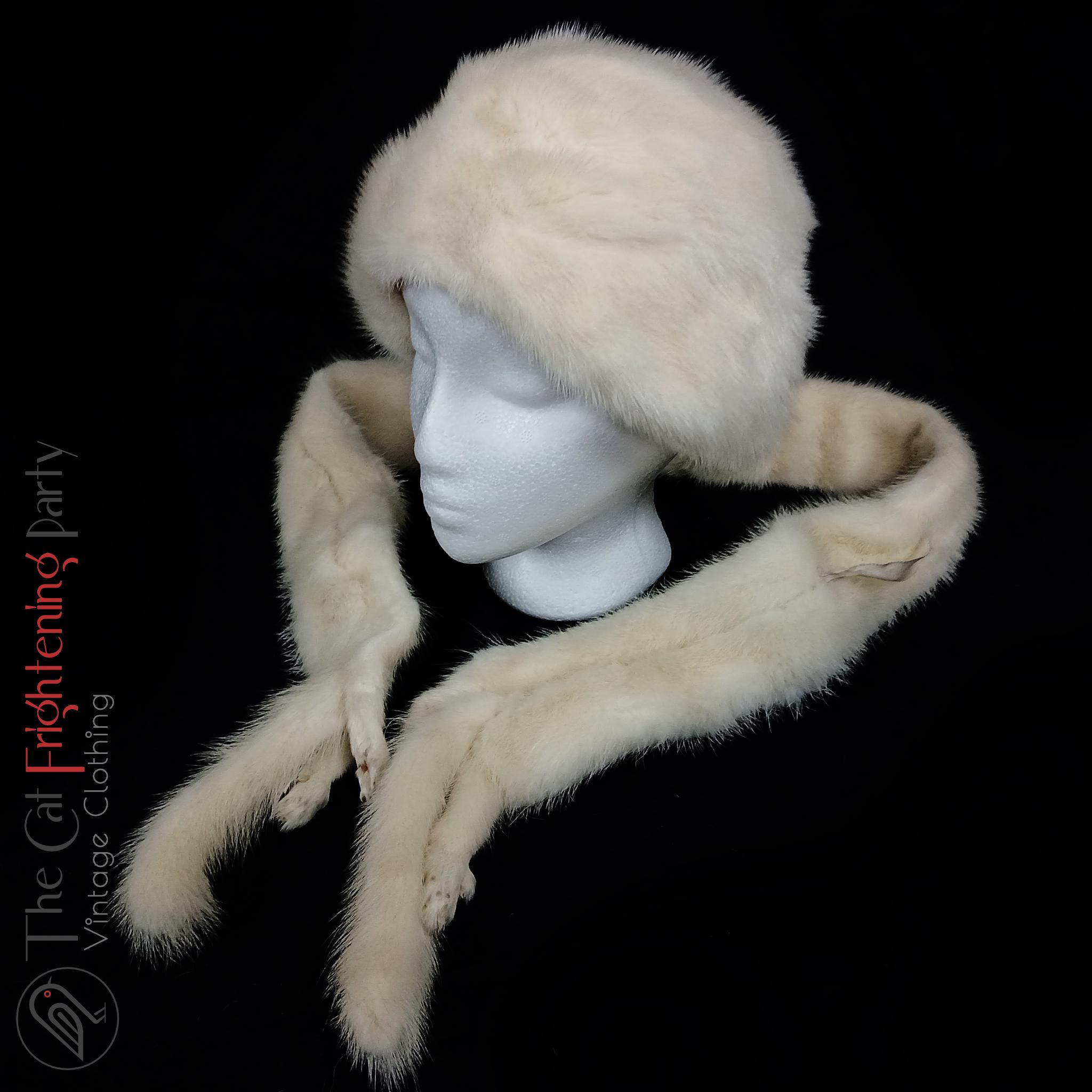 Vintage Fur Stole & Hat, White Genuine Mink, Vintage 