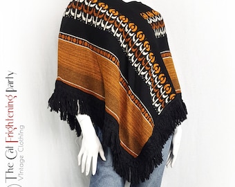 Vintage 1970s Poncho, 70s Tops, One Size, Bohemian, Western, Hippie, Orange & Black, 70s Boho, South Western, Autumn, Shawl with Fringing,