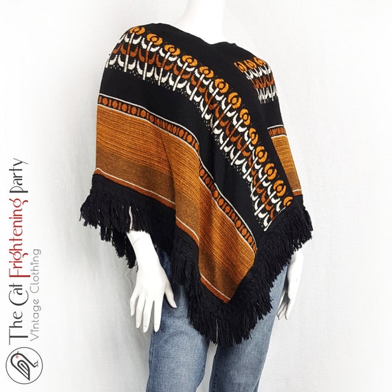 True Vintage 1970s Poncho One Size Orange & Black… - image 2