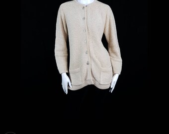 Vintage Poppy Boucle Knit Cardigan Size 14 Beige Slochy Fit