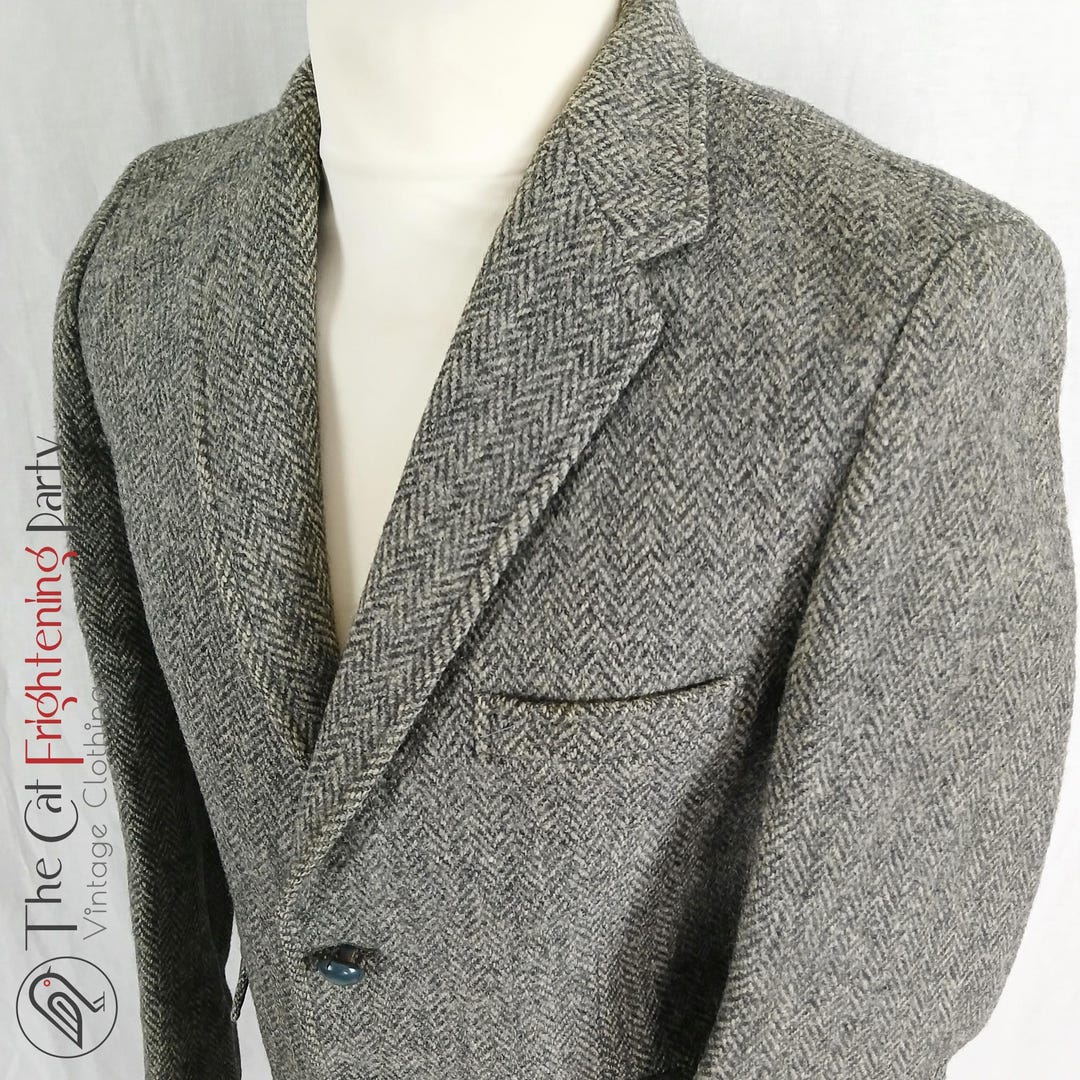 Vintage Harris Tweed Blazer 38S Chest Grey Herringbone Weave Men s 