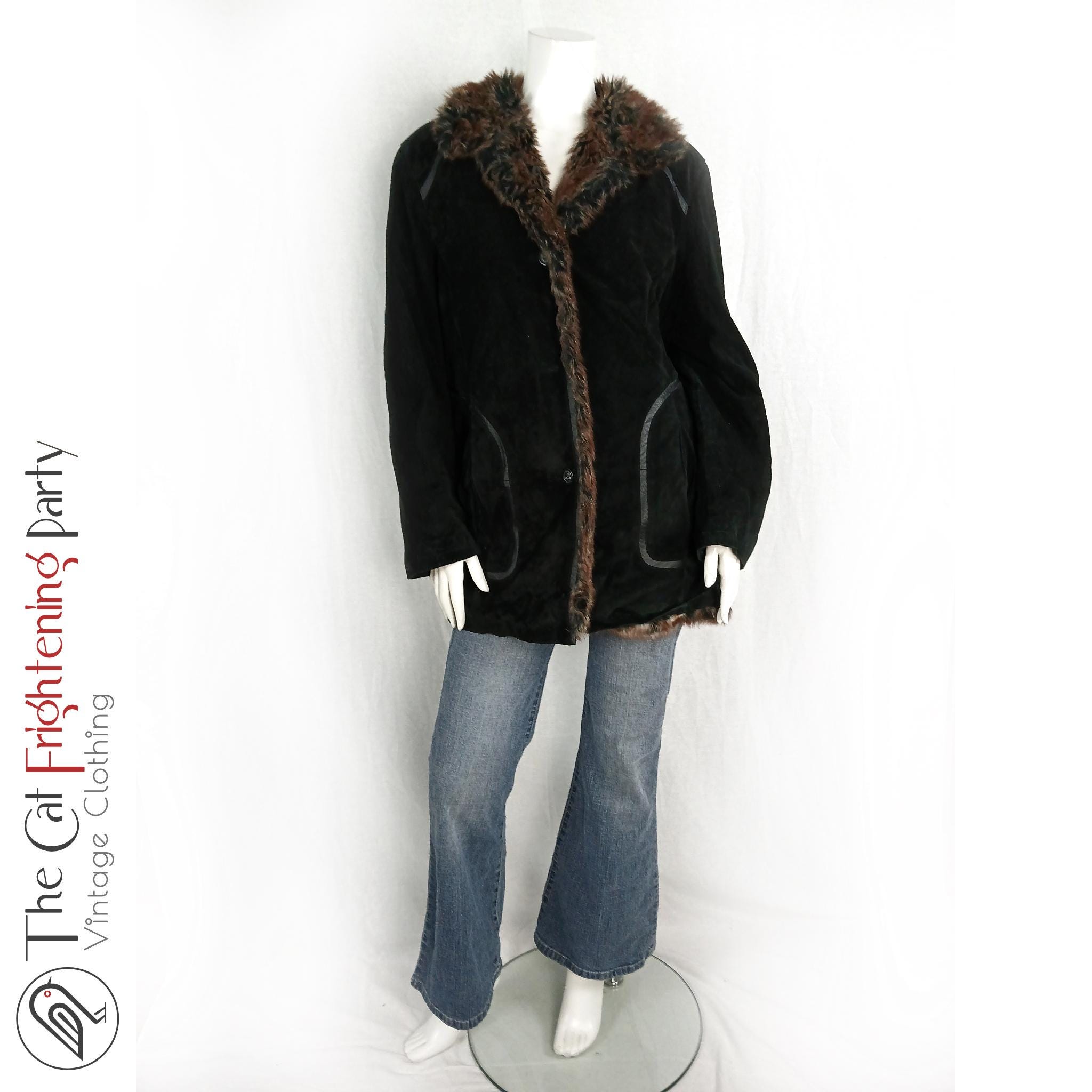 贅沢 & Suede 90s Vintage Faux Genuine Black 10, Size Jacket, Fur ジャケット・アウター