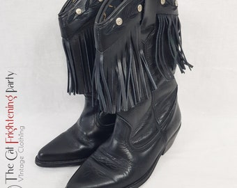 Womens Cowboy Boots, UK Size 4, US 6.5, EU 38, Black Leather Boots, Ok Brand, Leather Fringing, Western, Cowgirl, Vintage, Tassels, Studded