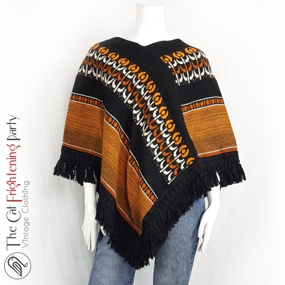 True Vintage 1970s Poncho One Size Orange & Black… - image 5