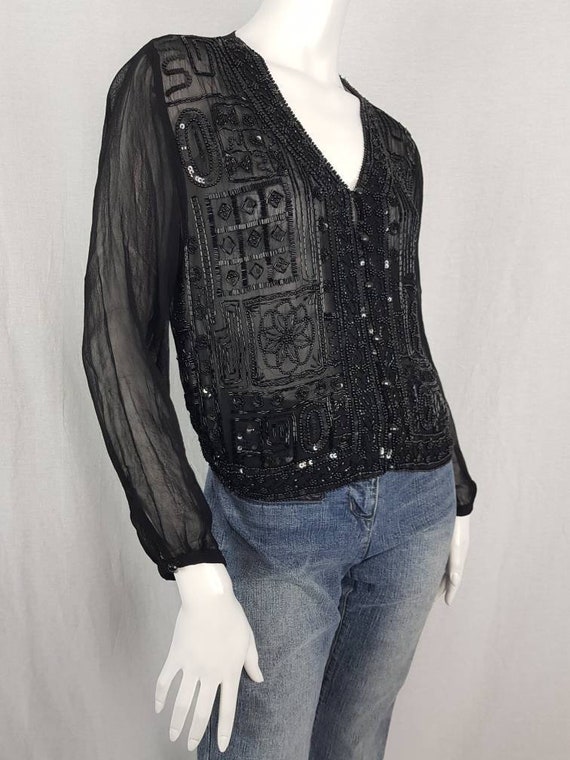 Vintage 90s do 70s Black Beaded Sequin Top Sheer … - image 5