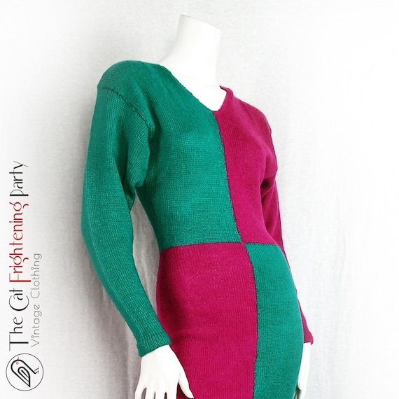 Vintage 80s Dress, Size 8, Hand Knitted Jumper Dress, 80s Sweater Dress,  Colour Block, 80s Colours, Colourful Vintage, 1980s Dresses, Pink
