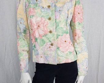 Vintage 80s Pastels Floral Jacket Size 12-14 Shoulder Pads