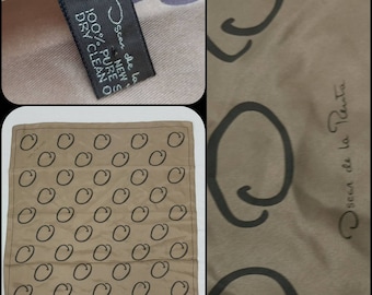 Oscar de la Renta Scarf Pure Silk Square Mocha Brown Signature Signed 'O' Motif