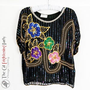 Vintage Silk Sequin Top, Size M/10-12, Pure Silk, Sparkly Tops, Silk Beaded Tops, Full Sequin, Black Sequin, 80s Colours, 80s Fashion Tops