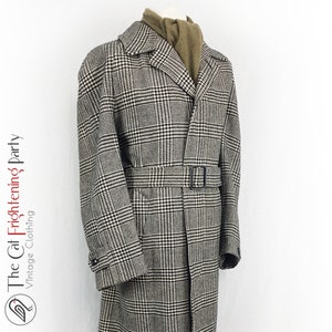Vintage Deadstock Overcoat, Dunn & Co, Belted Tweed Overcoat, Size L 44/46/48&quot;, Grey Pure Wool, Prince of Wales Check, Mens Tweed Overcoats