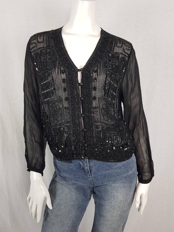 Vintage 90s do 70s Black Beaded Sequin Top Sheer … - image 7