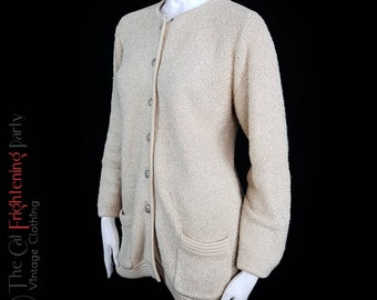 Vintage Poppy Boucle Knit Cardigan Size 14 Beige Slochy Fit 90s Cardi