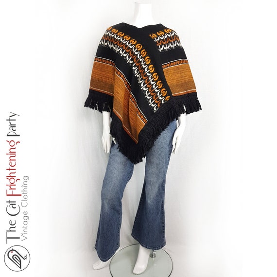 True Vintage 1970s Poncho One Size Orange & Black… - image 10