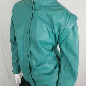 Vintage 80s Leather Jacket Size 12/14 Aqua Green Popper Fastening Miami Vice Aesthetic