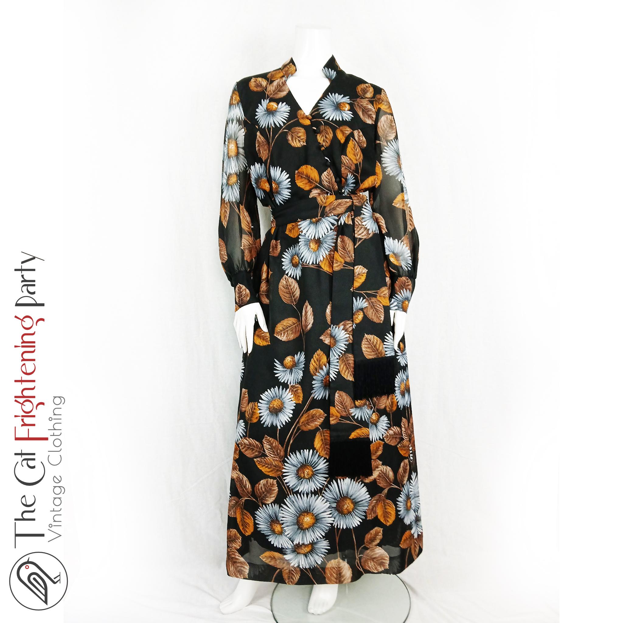 Vintage 1970er Jahre Maxi Kleid, Größe 44, Roby Couture, Braunes Maxikleid mit Blumenmuster, Kimono Style, 70er Jahre Hostessen Kleid,