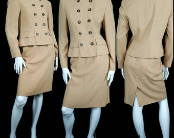 Vintage Skirt Suit Size 8-10 Butterscotch Yellow Film Noir Femme Fatale Double Breasted 80s does 40s