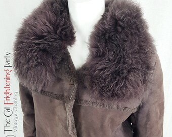 Vintage Genuine Sheepskin Coat, Size 10-12, Penny Lane, Bohemian, 90s does 70s Style, Hippie Boho, Purple Suede Afghan Coat