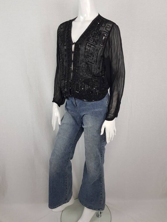 Vintage 90s do 70s Black Beaded Sequin Top Sheer … - image 4