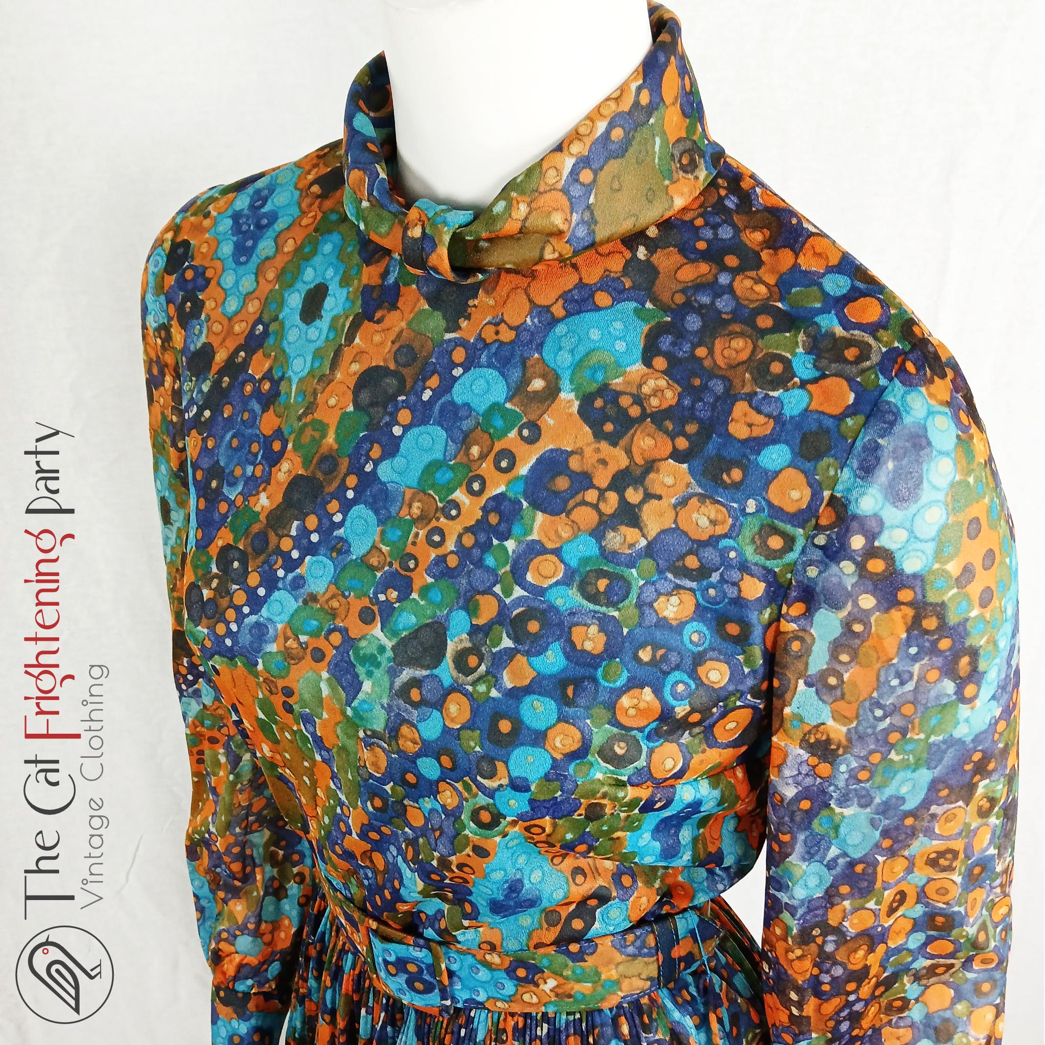 Vintage 1960s Dress, Size 8-10 (Vtg 12), Kitty Copeland, 60s Mod Dresses, Made in England, Psychedelic, Swinging 60s, Teal & Brown Chiffon,