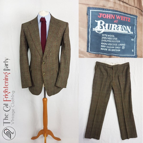 Herren Vintage Dunn & Co Anzug 111cm Brust Taille 90cm Bein 32cm Braun Tweed Karo Reine Wolle 1970s