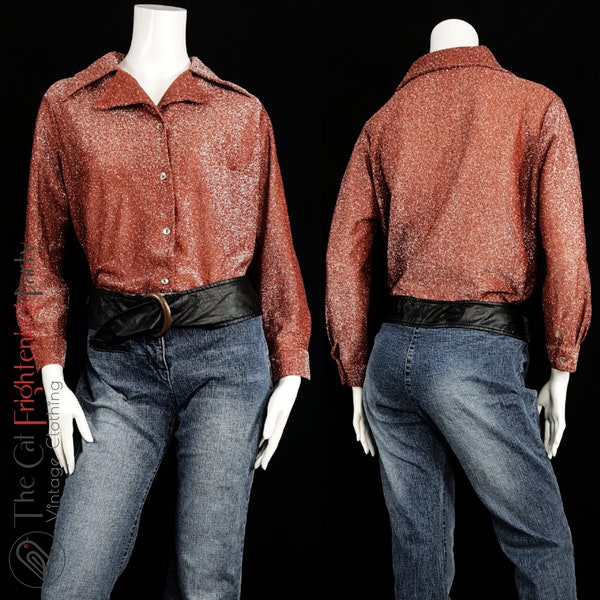 Vintage 70s Blouse, Size 14/16/18, Dagger Collar Shirt, 1970s Shirt, Orange Lurex, Glitter, 70s Sparkly Top, Disco, Glam Rock,