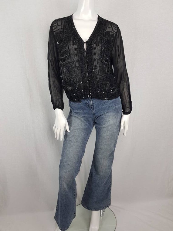 Vintage 90s do 70s Black Beaded Sequin Top Sheer … - image 6