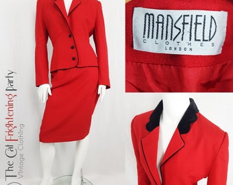 Mansfield Womens Suit, Size UK 8 (Vtg 12), Harrods Made in England, Skirt & Jacket Set, 80s does 40s, Film Noir, Femme Fatale, 40s Vamp, Red