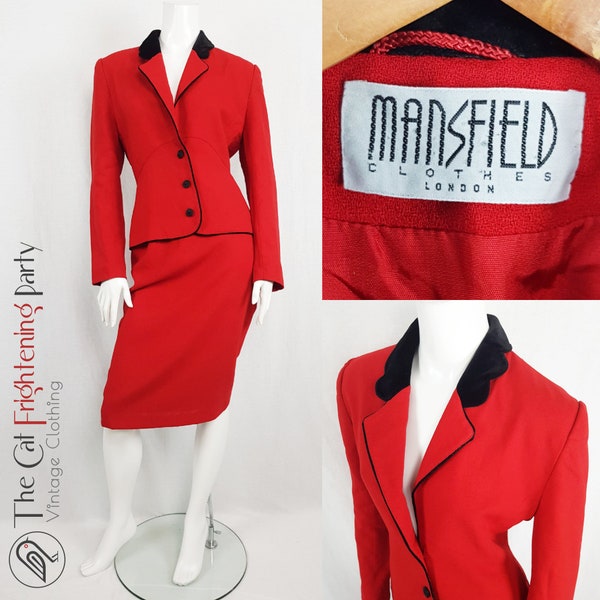 Mansfield Womens Suit, Size UK 8 (Vtg 12), Harrods Made in England, Skirt & Jacket Set, 80s does 40s, Film Noir, Femme Fatale, 40s Vamp, Red