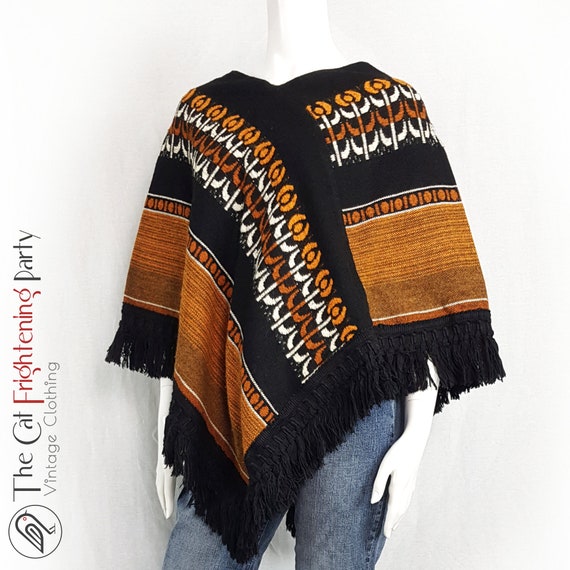 True Vintage 1970s Poncho One Size Orange & Black… - image 7