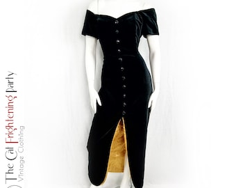 Vintage 1990s Dress, Size 12 (Vtg 14), Black Velvet, Bardot Neckline, Evening Dresses, Cocktail, Party, Film Noir, Femme Fatale, 90s Glamour
