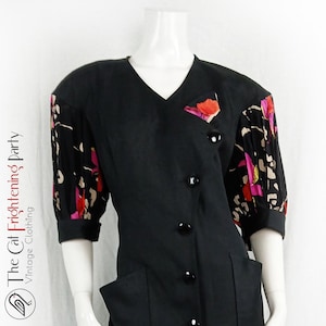 Vintage 1980s Dress, Size 16, Bassant Couture Paris, Black & Floral, Double Breasted, 80s Cocktail Dresses, 80s Power Dressing, 80s Designer