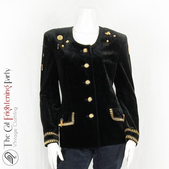 Vintage 1990s Jacket, Size 10-12, Velvet Jackets, Black & Gold, 90s Glamour, 90s Fashion, Bougie, 90s Eveningwear