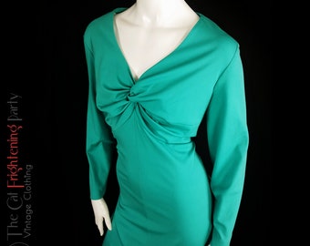 Vintage 1970s Size 16-18 Carnegie of London Maxi Dress Jade Green Twist Front Evening Party Hostess Cocktail 70s Glamour