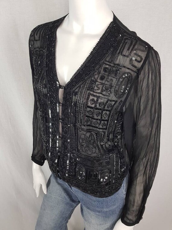 Vintage 90s do 70s Black Beaded Sequin Top Sheer … - image 3