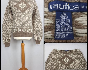 Mens Nautica Chunky Knit Jumper/Sweater Size L 46-48" Snowflake Pattern Scandi Nordic Style Fairisle Knit Fishermans Pure Wool Pullover