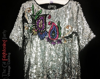 Vintage Silk Sequin Top, Size M/10-12, Jean for Joseph Le Bon, Pure Silk, Sparkly Tops, Full Sequin, Silver, 80s Colours, 80s Fashion Tops