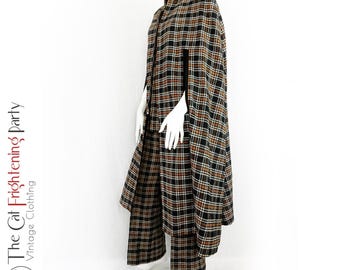 Vintage 1970s Co-ord Set, Size 10, Tweed Cape, Plaid Flares, Tartan Check, Flared Trousers, Waistcoat & Cape, 70s Fashion,