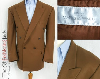Gents Vintage Tan Camel Double Breasted Blazer 44" St Michael Wool Blend Sports Jacket